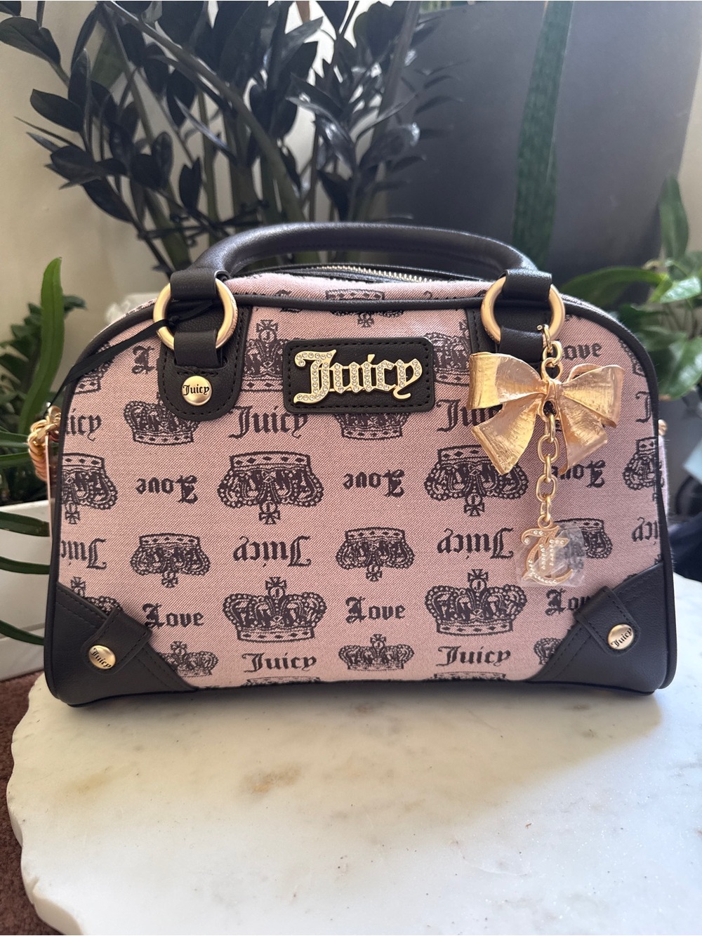 Juicy Couture Pink and Black Crown Print Satchel with Gold Bow Charm